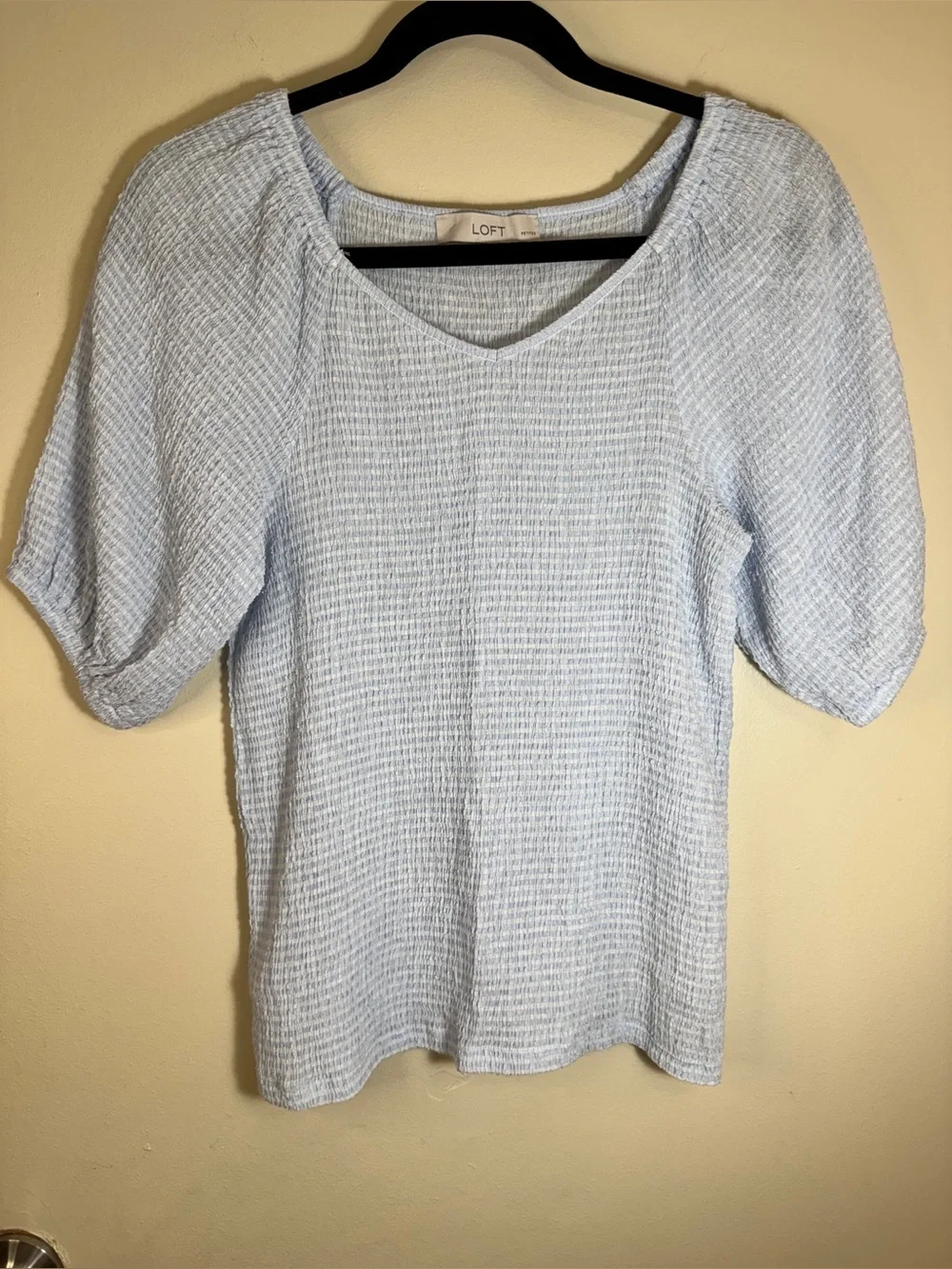 LOFT Pale Blue Textured Puff-Sleeve Top‎
